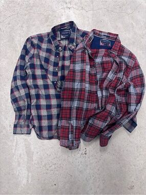 Pair of Plaid Button-Up Flannel Shirts - Red & Navy